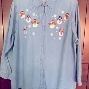 NWOT Passion- I Vintage Rare  women’s Snowman Shirt - L 100% Cotton